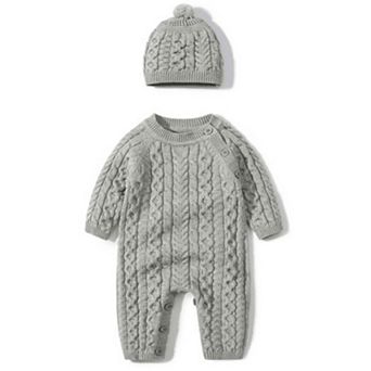 Baby Boys Grey Cable Knit Romper with Pom Hat