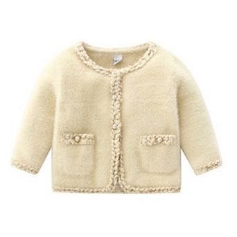 Baby Toddler Girls Beige Cardigan with Pearl Accents