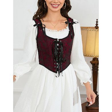 Women's Vintage Floral Corset Lace-Up Fishbone Print Vest Renaissance Pirate Costume