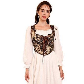Women's Vintage Floral Corset Lace-Up Fishbone Print Vest Renaissance Pirate Costume