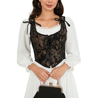 Women's Vintage Floral Corset Lace-Up Fishbone Print Vest Renaissance Pirate Costume
