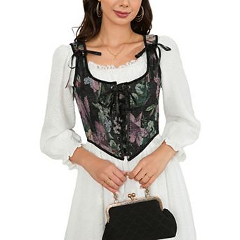 Women's Vintage Floral Corset Lace-Up Fishbone Print Vest Renaissance Pirate Costume