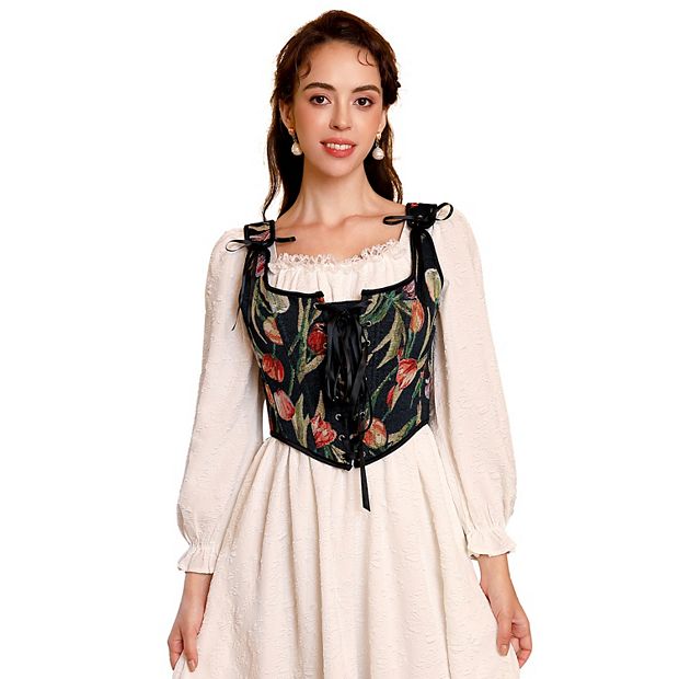 Women's Vintage Floral Corset Lace-Up Fishbone Print Vest
