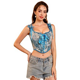 Women's Vintage Floral Corset Lace-Up Fishbone Print Vest Renaissance Pirate Costume