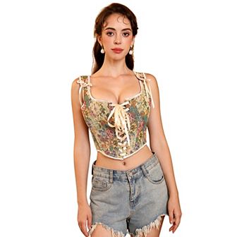 Women's Vintage Floral Corset Lace-Up Fishbone Print Vest Renaissance Pirate Costume