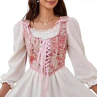 Women's Vintage Floral Corset Lace-Up Fishbone Print Vest Renaissance Pirate Costume