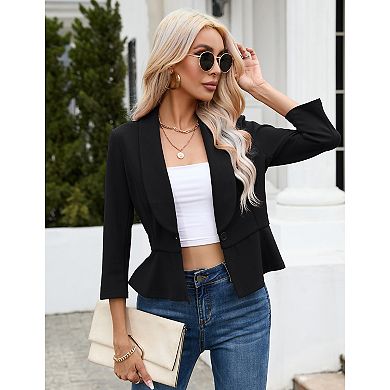 Women's 3/4 Sleeve Open Front Casual Blazer for Work Suit Office Bolero Jacket Cropped Cardigan