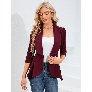 Womens Casual Blazer 3/4 Sleeve Open Front Ruffle Work Office Cardigan Suit Jacket