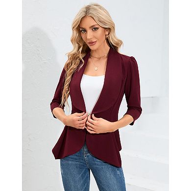Womens Casual Blazer 3/4 Sleeve Open Front Ruffle Work Office Cardigan Suit Jacket