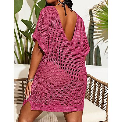Women's Plus Size Suimsuit Cover Up Short Sleeve Hollow Out Swimwear  Bathing suit