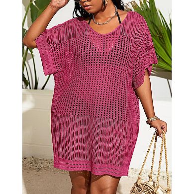 Women's Plus Size Suimsuit Cover Up Short Sleeve Hollow Out Swimwear Bathing suit