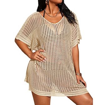 Women's Plus Size Suimsuit Cover Up Short Sleeve Hollow Out Swimwear Bathing suit