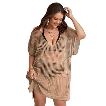 Women's Plus Size Suimsuit Cover Up Short Sleeve Hollow Out Swimwear Bathing suit