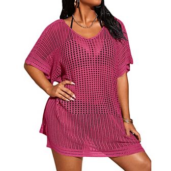 Women's Plus Size Suimsuit Cover Up Short Sleeve Hollow Out Swimwear Bathing suit