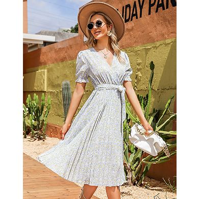 Women's Wrap V Neck Floral Pleated Dress Short Lantern Sleeve Belted Flowy A Line Midi Dress