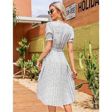 Women's Wrap V Neck Floral Pleated Dress Short Lantern Sleeve Belted Flowy A Line Midi Dress