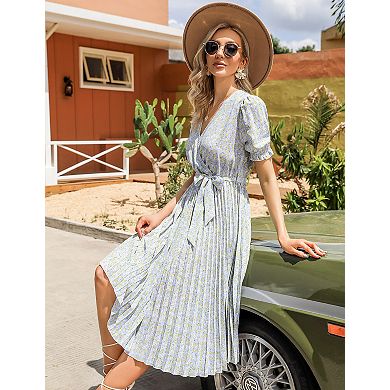 Women's Wrap V Neck Floral Pleated Dress Short Lantern Sleeve Belted Flowy A Line Midi Dress