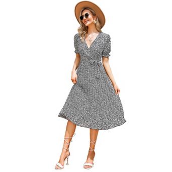 Women's Wrap V Neck Floral Pleated Dress Short Lantern Sleeve Belted Flowy A Line Midi Dress