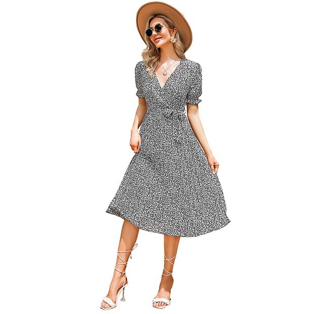 Women's Wrap V Neck Floral Pleated Dress Short Lantern Sleeve Belted Flowy  A Line Midi Dress