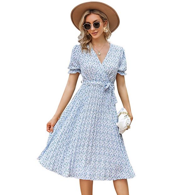 Women's Wrap V Neck Floral Pleated Dress Short Lantern Sleeve Belted Flowy  A Line Midi Dress