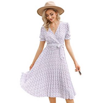 Women's Wrap V Neck Floral Pleated Dress Short Lantern Sleeve Belted Flowy A Line Midi Dress