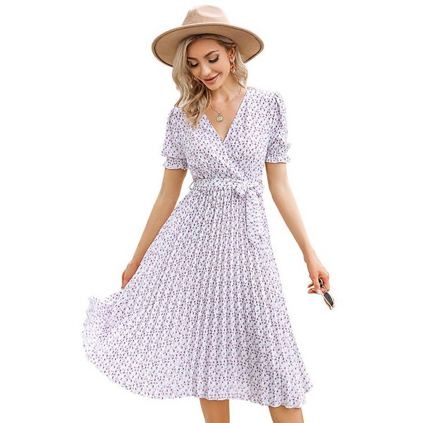 Floral Lantern Sleeve Pleated Midi Dress