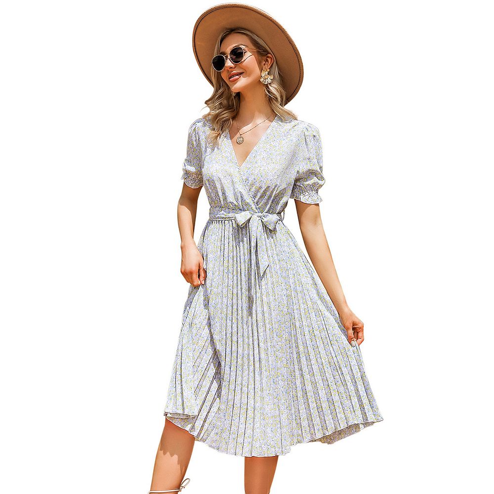 Floral Lantern Sleeve V-Neck Midi Dress