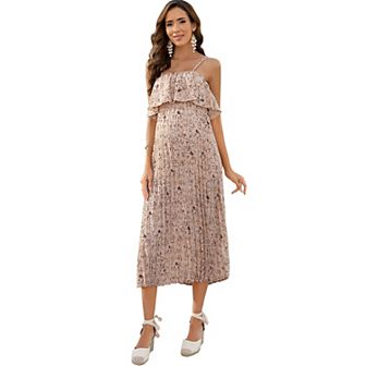 Womens Maternity Spaghetti Strap Maxi Dress Ruffle Backless Floral Boho Pleated Beach Dress
