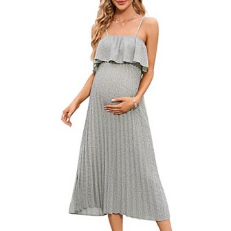 Womens Maternity Spaghetti Strap Maxi Dress Ruffle Backless Floral Boho Pleated Beach Dress