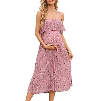 Womens Maternity Spaghetti Strap Maxi Dress Ruffle Backless Floral Boho Pleated Beach Dress