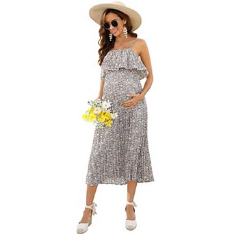 Womens Maternity Spaghetti Strap Maxi Dress Ruffle Backless Floral Boho Pleated Beach Dress