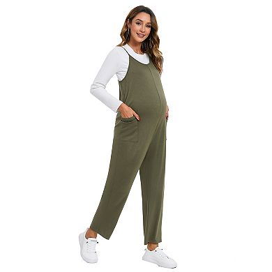 Women's Maternity Dual Pocket Cami Jumpsuits Sleeveless Romper Spaghetti Strap Wide Leg Jumpsuit