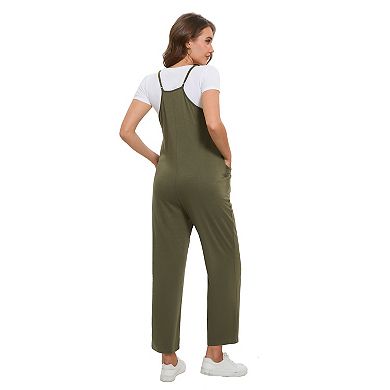 Women's Maternity Dual Pocket Cami Jumpsuits Sleeveless Romper Spaghetti Strap Wide Leg Jumpsuit