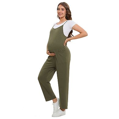 Women's Maternity Dual Pocket Cami Jumpsuits Sleeveless Romper Spaghetti Strap Wide Leg Jumpsuit