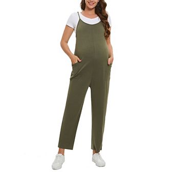 Women's Maternity Dual Pocket Cami Jumpsuits Sleeveless Romper Spaghetti Strap Wide Leg Jumpsuit