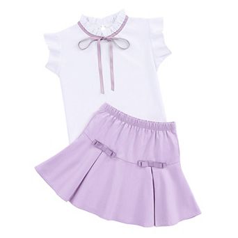 Girl's Skirt Sets Summer Bow Frilled Neck Ruffle Sleeve Tops Solid Fishtail Mini Short Skirt 3-12Y