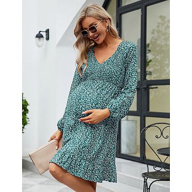 Women's Maternity Smocked Long Sleeve Ruffle Dress V Neck Fall Casual Flowy Midi Dress
