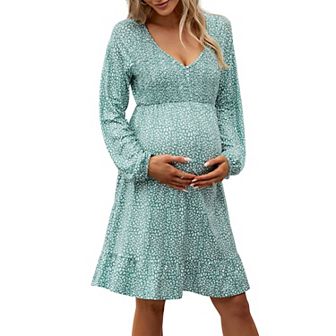 Women's Maternity Smocked Long Sleeve Ruffle Dress V Neck Fall Casual Flowy Midi Dress