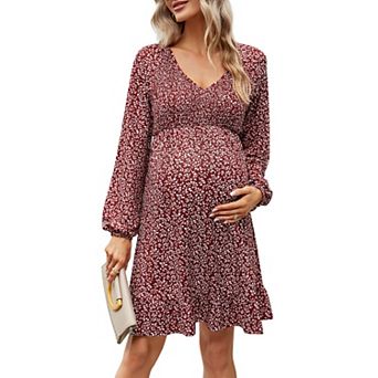 Women's Maternity Smocked Long Sleeve Ruffle Dress V Neck Fall Casual Flowy Midi Dress