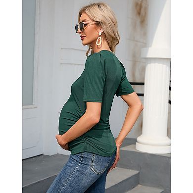 Maternity Shirts Women's Casual Floral Tops Pregnancy Short Sleeve Striped Ruched Side Tunic Top