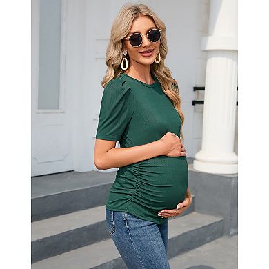 Maternity Shirts Women's Casual Floral Tops Pregnancy Short Sleeve Striped Ruched Side Tunic Top