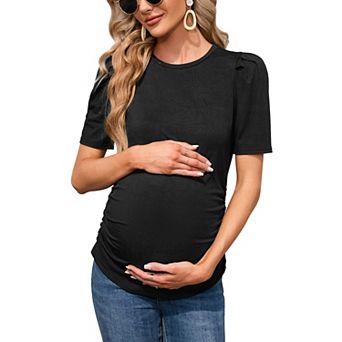 Maternity Shirts Women's Casual Floral Tops Pregnancy Short Sleeve Striped Ruched Side Tunic Top