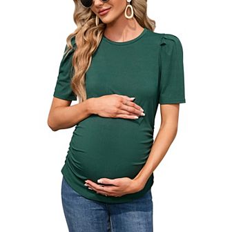 Maternity Shirts Women's Casual Floral Tops Pregnancy Short Sleeve Striped Ruched Side Tunic Top