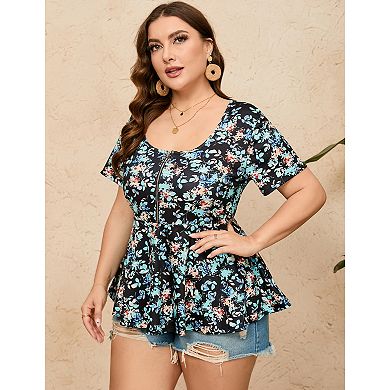 Women Plus Size Half Zipper T-shirt Dressy Blouses Short Sleeve Babydoll Peplum Summer Tops