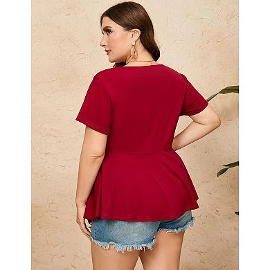 Women Plus Size Half Zipper T-shirt Dressy Blouses Short Sleeve Babydoll Peplum Summer Tops