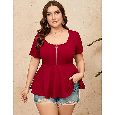 Women Plus Size Half Zipper T-shirt Dressy Blouses Short Sleeve Babydoll Peplum Summer Tops