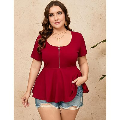 Women Plus Size Half Zipper T shirt Dressy Blouses Short Sleeve Babydoll Peplum Summer Tops