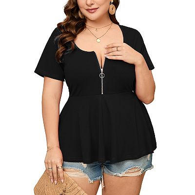 Women Plus Size Half Zipper T-shirt Dressy Blouses Short Sleeve
