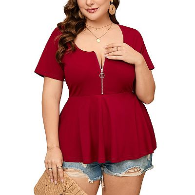 Women Plus Size Half Zipper T shirt Dressy Blouses Short Sleeve Babydoll Peplum Summer Tops