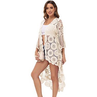 Women's Crochet Boho Kimono Swim Cover-Up